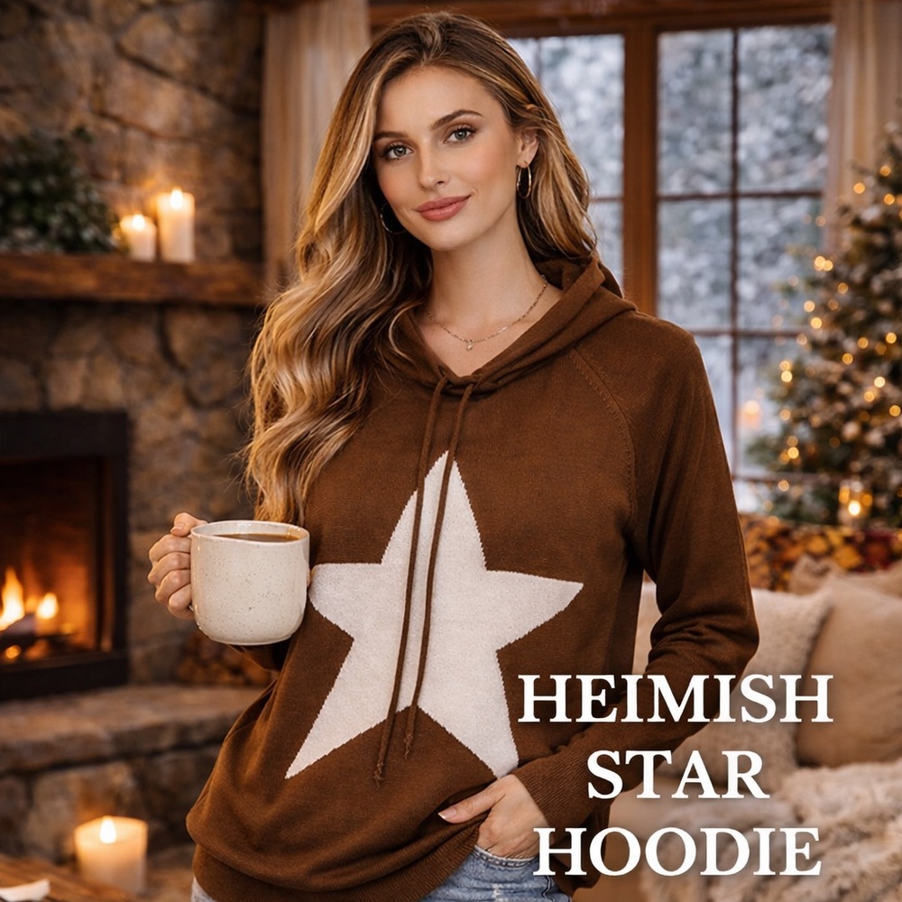 Heimish Star Hoodie Sweater Brown Knit Pullover S/M Cozy Chic Soft‎ Boho Hippie